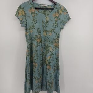 Peruvian Connection Green Floral Pima Cotton Shirt Dress Size Small